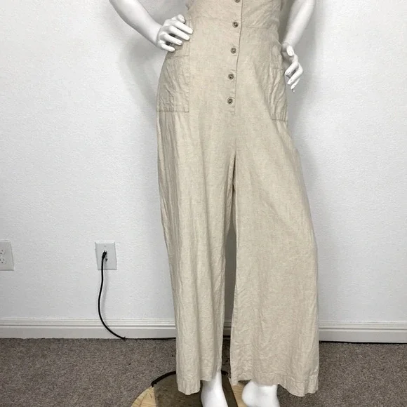 LaScana Cream Linen Blend Button Down Halter Neck Wide Leg Jumpsuit Size 12 - Picture 5 of 10